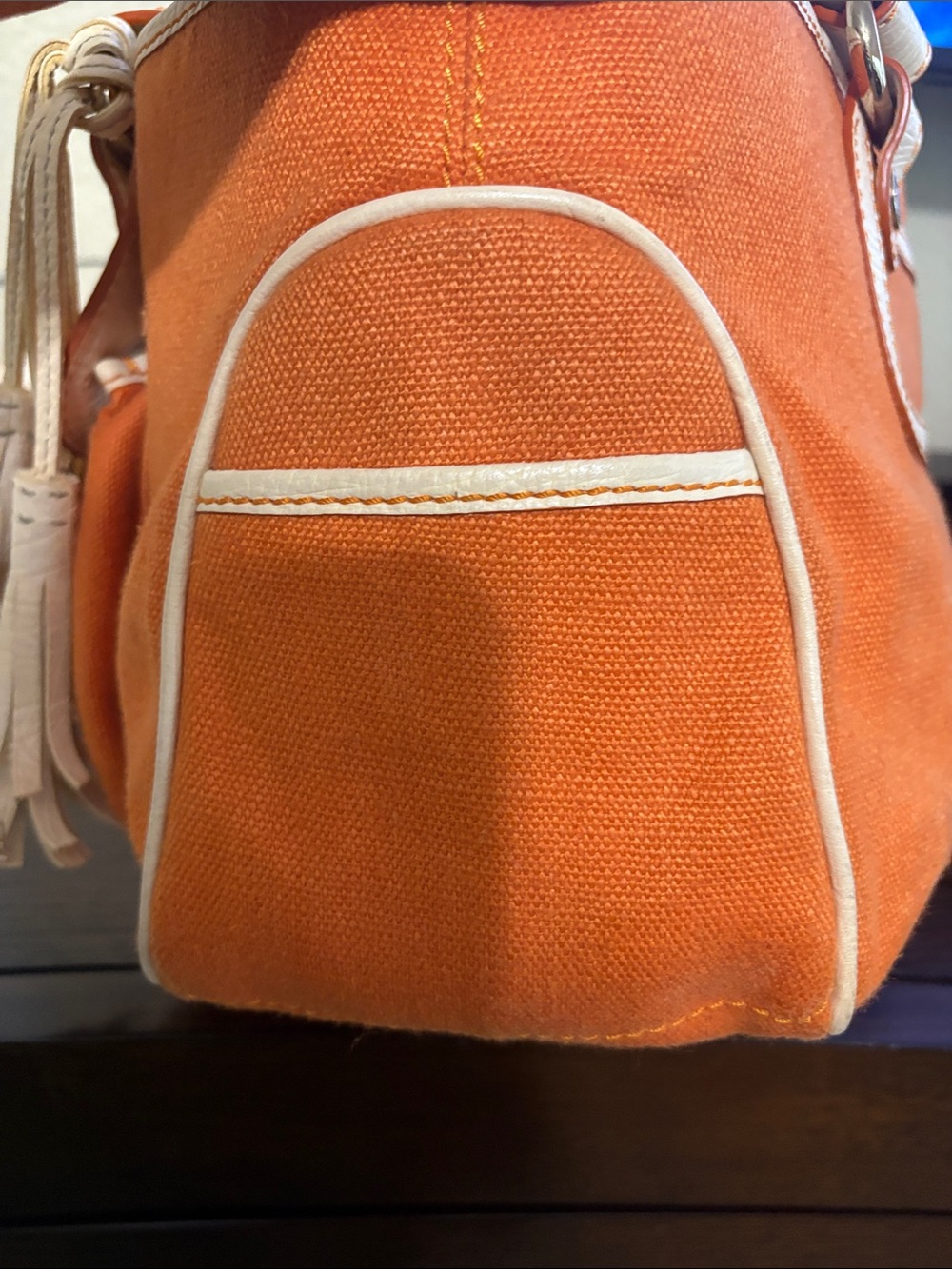 Celine Boogie Canvas Satchel - Orange & Cream Leather Trim with Tassels & Charm - Picture 7 of 16